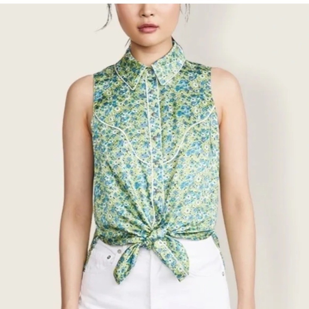 Cinq‎ a Sept Size Small the Leon Silk Green Sequin Pearl snap Button Down Blouse - Picture 2 of 11